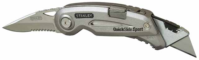 STANLEY Cuchillo Quickslide Sport 120mm, Hoja de Acero Inoxidable, Bloqueo con Pulsador, Cuerpo Metálico Compacto y Ergonómico, Incluye 2 Hojas, 0-10-813
