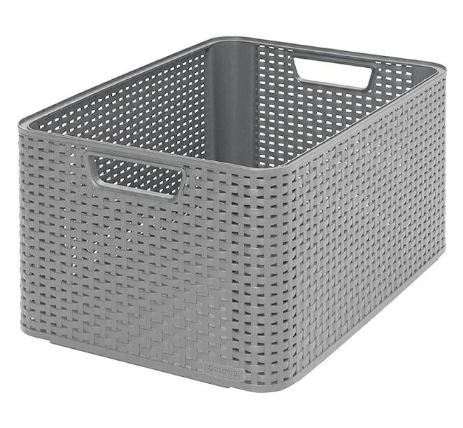 Curver Caja de almacenaje Style L, 43,6 x 32,6 x 23 cm, plástico, aspecto de ratán, con asas, color gris claro