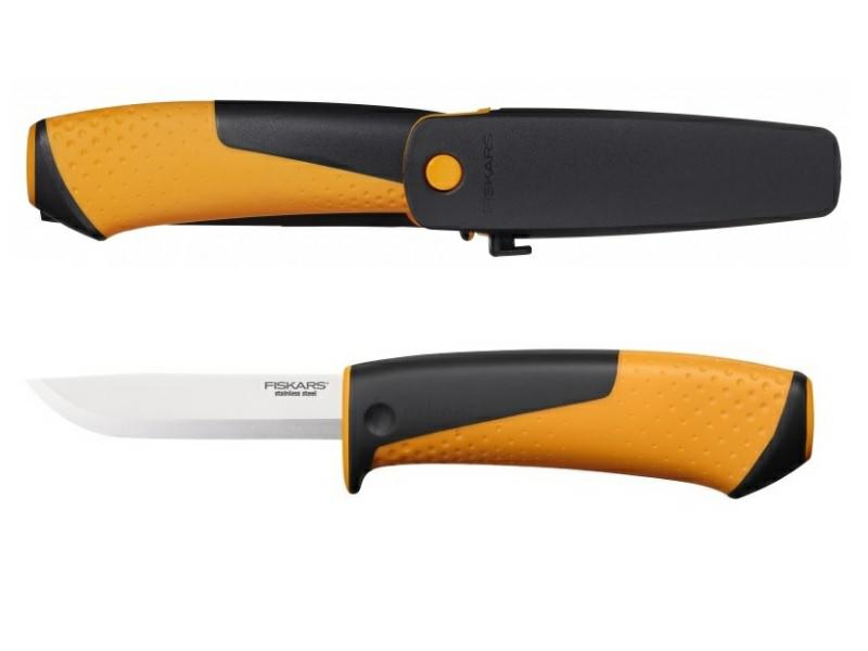 Fiskars Cuchillo universal, Incluye funda con afilador, 21,5 cm, Negro/Naranja, 1023618