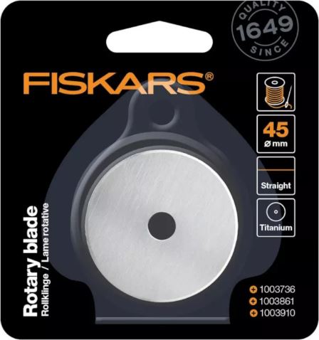 Original Fiskars Cuchilla de recambio, Cuchilla de cúter de titanio para cortes rectos, Incl. sujeción de cuchilla, Ø 45 mm, Acero con revestimiento de titanio, 1066043