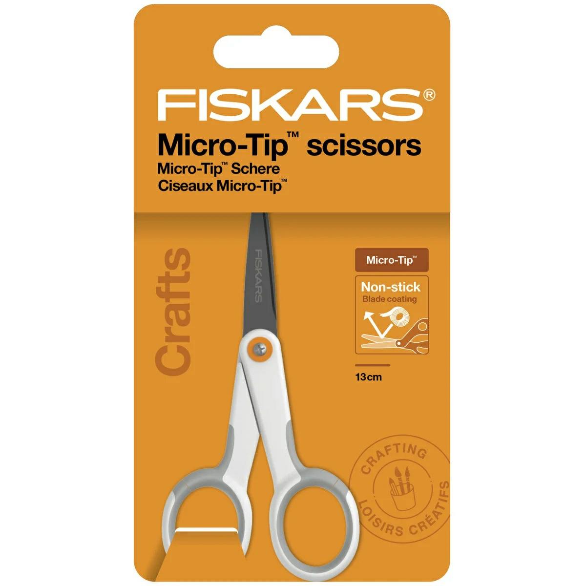 Fiskars Tijeras Micro-Tip para Materiales de Manualidades Adhesivos, Recubrimiento Antiadherente, 12,3 cm, Acero Inoxidable/Plástico, Blanco/Naranja, 1070025
