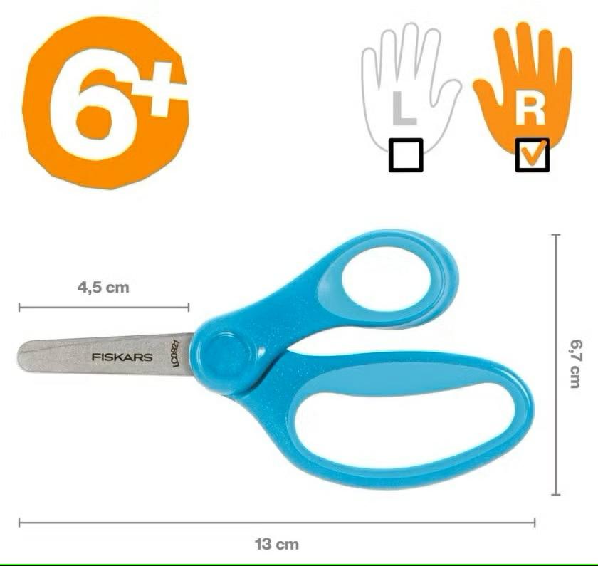 Fiskars Tijeras para niños, A partir de 6 años, Longitud: 13 cm, Para diestros y zurdos, Hoja metálica/mangos de plástico, Azul, Purpurina, 1064073