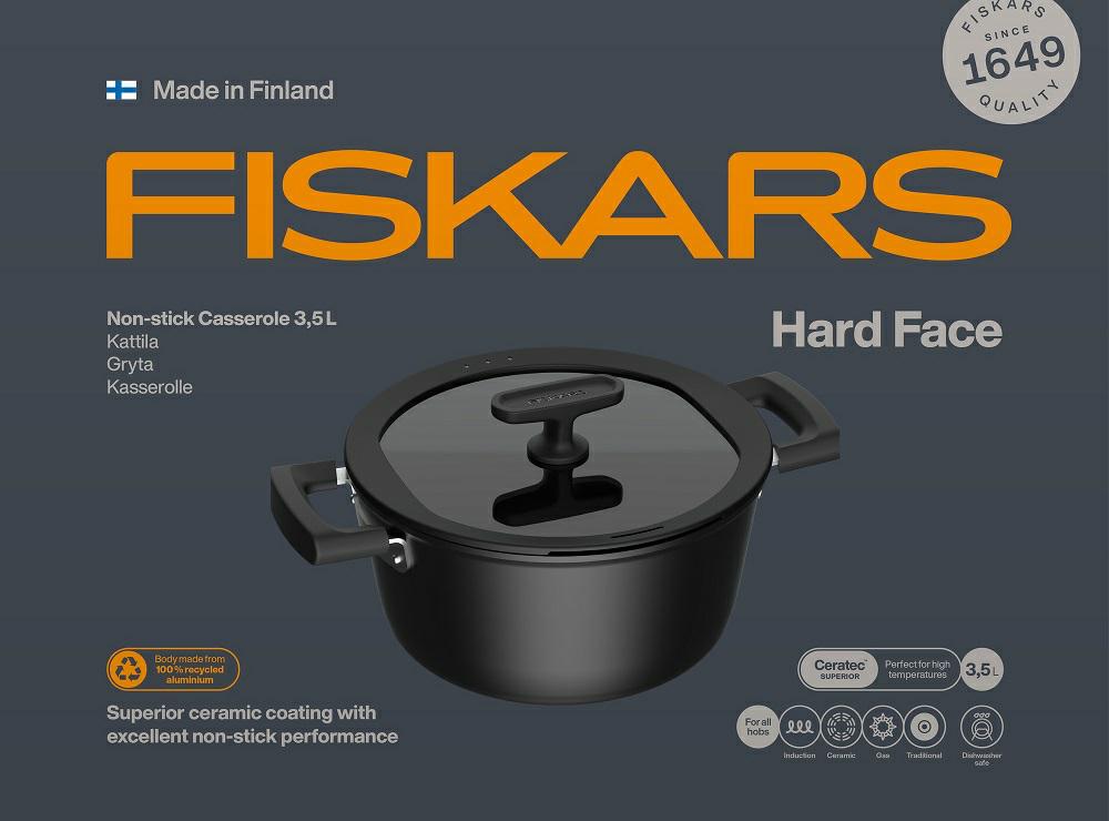 Fiskars Cacerola con Tapa, Hard Face, Diámetro 22 cm, Capacidad: 3,5 litros, Apta para Todas Las Placas, Revestimiento Antiadherente, Resistente a los Arañazos, Aluminio/Plástico, 1075526