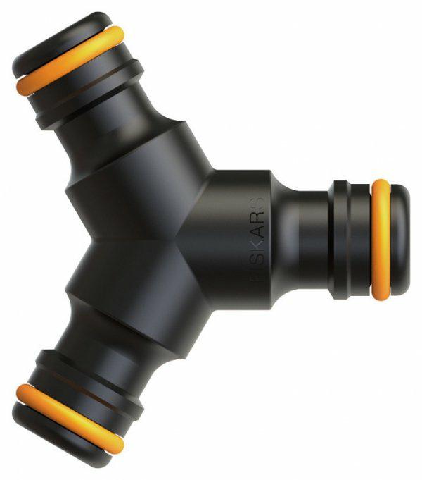 Fiskars Conector de mangueras 3 salidas, Suministro de agua fácil en 2 mangueras, Para todos los tipos y tamaños de conectores rápidos de manguera, Tamaño universal, 18 g, Negro/Naranja, 1027070