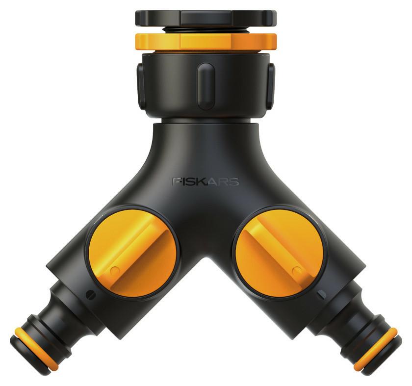 Fiskars Adaptador de grifo doble salida Multi, Con válvula on/off, Para tres tamaños de rosca Ø 21 mm (1/2"), Ø 26,5 mm (3/4") y Ø 33,3 mm (1"), 85 g, Negro/Naranja, 1027061
