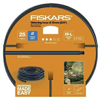 Fiskars Manguera de riego M-L, Tamaño universal, Protegido contra los rayos UV, Probado a presión, Nivel de rigidez a la torsión 3 (sobre 5), 25m, Ø 1,5cm (1/2''), 3,51 kg, Negro/Naranja/Azul, 1027097