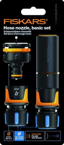 Fiskars Boquilla de manguera: kit básico, SoftGrip, Con boquilla de manguera, conector de grifo múltiple y conectores de manguera, Ø 1,3-1,5 cm (1/2-5/8''), Negro/Naranja/Azul, 1027091