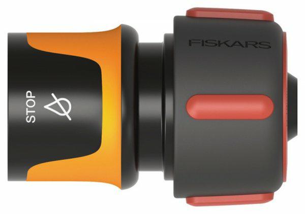 Fiskars Conexión para mangueras, Con mecanismo de parada, Puntos de contacto SoftGrip, Tamaño universal, Ø 1,9 cm (3/4''), 42 g, Negro/naranja/rojo, 1027081