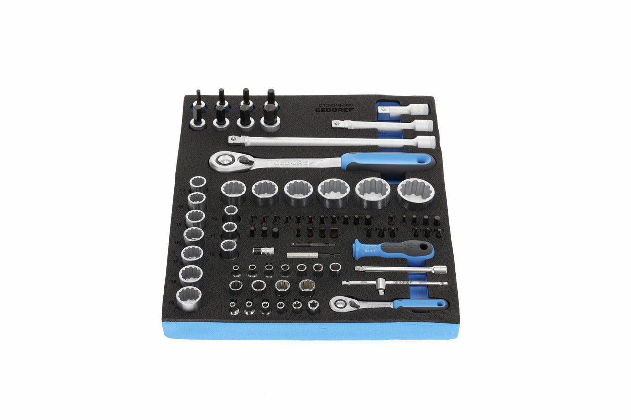 TS CT2-D19-D20 - Juego de vasos y puntas de 1/4"+1/2" en módulo de espuma Check-Tool de doble cuerpo, 81 piezas