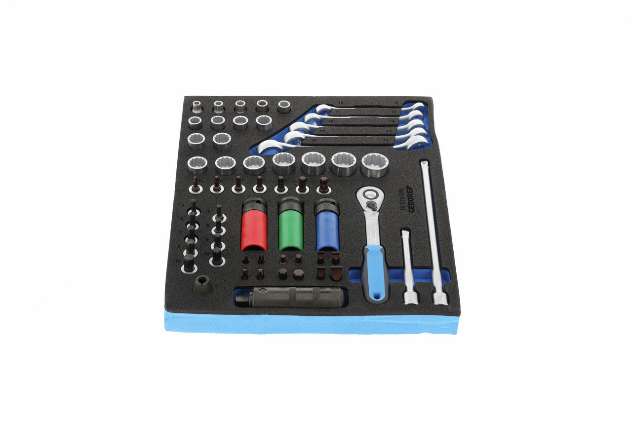 TS CT2-D30 - Juego de puntas, vasos y accesorios de 3/8" y 1/2" en módulo de espuma Check-Tool de doble cuerpo, 59 piezas