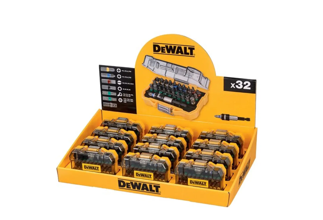 DeWalt - Merchandiser con 12 Juego DT7969M-QZ: 32 Puntas, Pz, Ph, Pl, Torx, Torx Inviolables Hexagonal y Adaptador, Multicolor