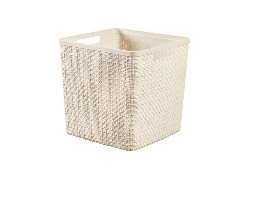 Curver Juliet- Cesta Rectangular Cubo 17L, Almacenaje, Ordenación; 100% plástico Reciclado, Acabado Yute, 28x28xH27 cm, Blanco