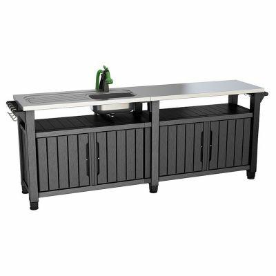 Keter Mesa Auxiliar para Barbacoa Unity Chef, Color Negro, con Gran Superficie de Trabajo de Acero Inoxidable y Fregadero, 237 x 513 x 89,4 cm, barbacoas en Primavera