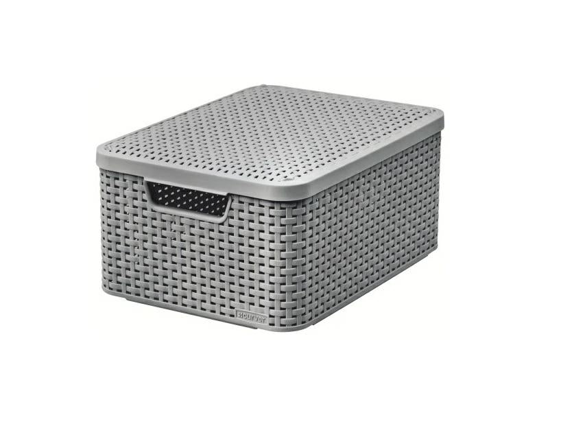 Curver Caja de almacenamiento con tapa estilo ratán, 18 L, de plástico, de material reciclado en al menos el 70% (gris claro, M: 38,6 x 28,7 x 17 cm)