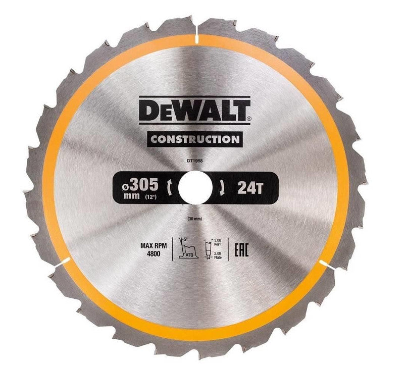 DEWALT DT1959-QZ - Hoja para Sierra Circular Estacionaria, Longitud(mm)/calibre(mm): 305 x 30 mm; 48 dientes, ángulo +10°, para Construcción, velocidad Máx 4800 rpm