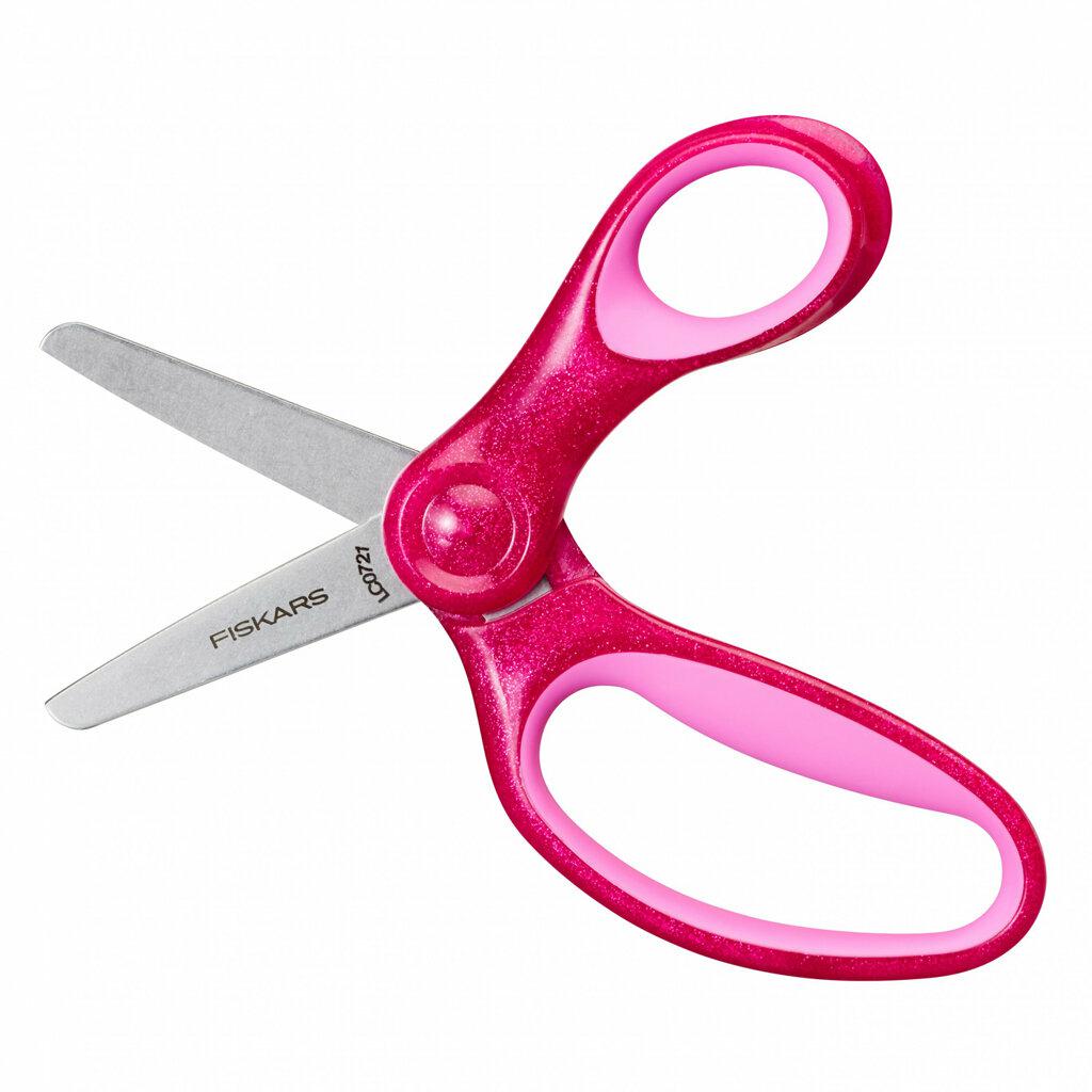 Fiskars Tijeras para niños, A partir de 6 años, Longitud: 13 cm, Para diestros y zurdos, Hoja metálica/mangos de plástico, Rosa, Purpurina, 1064074