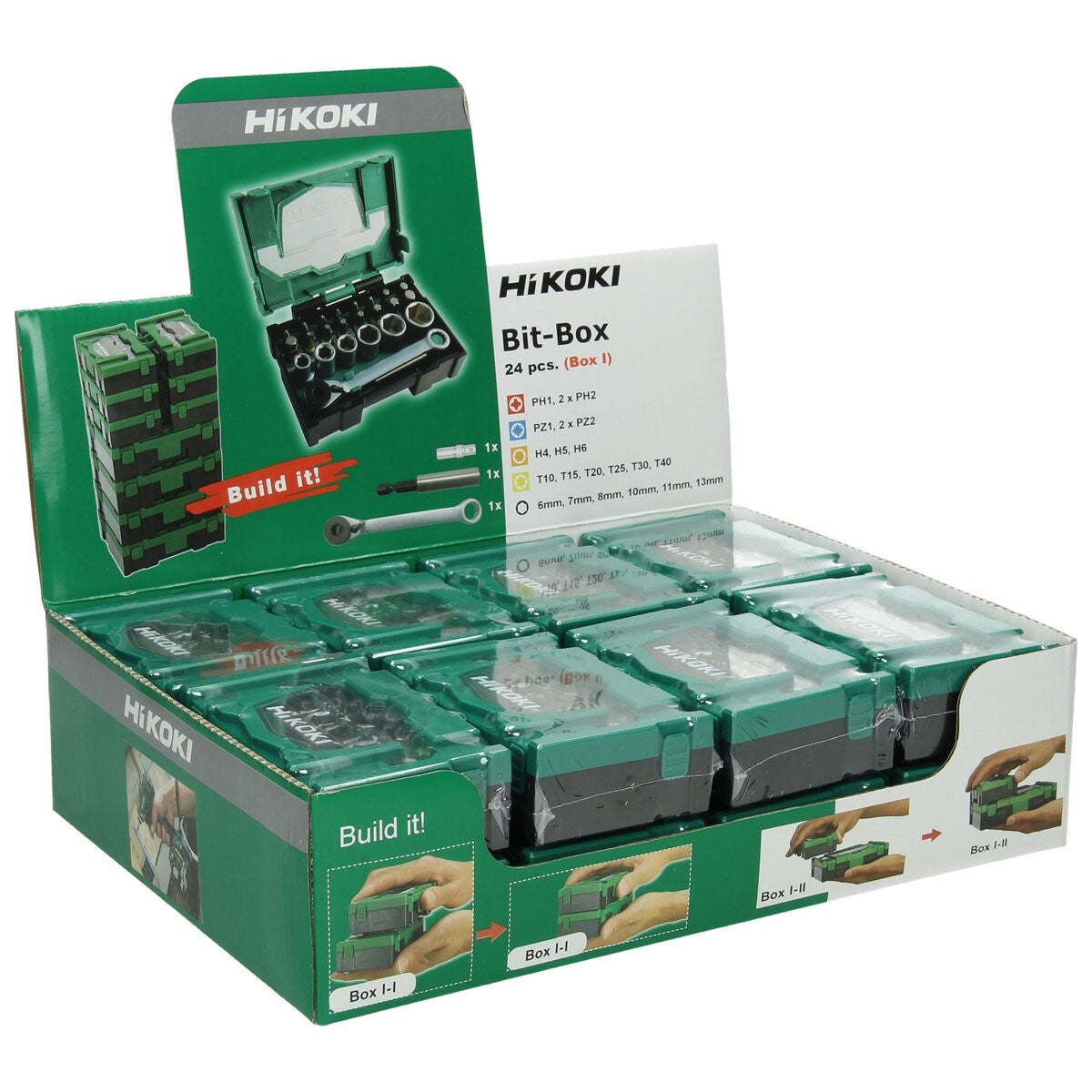 Hikoki 40030020 - Caja de puntas 1/4", 24 piezas, 25 mm, incl. carraca, tamaño I