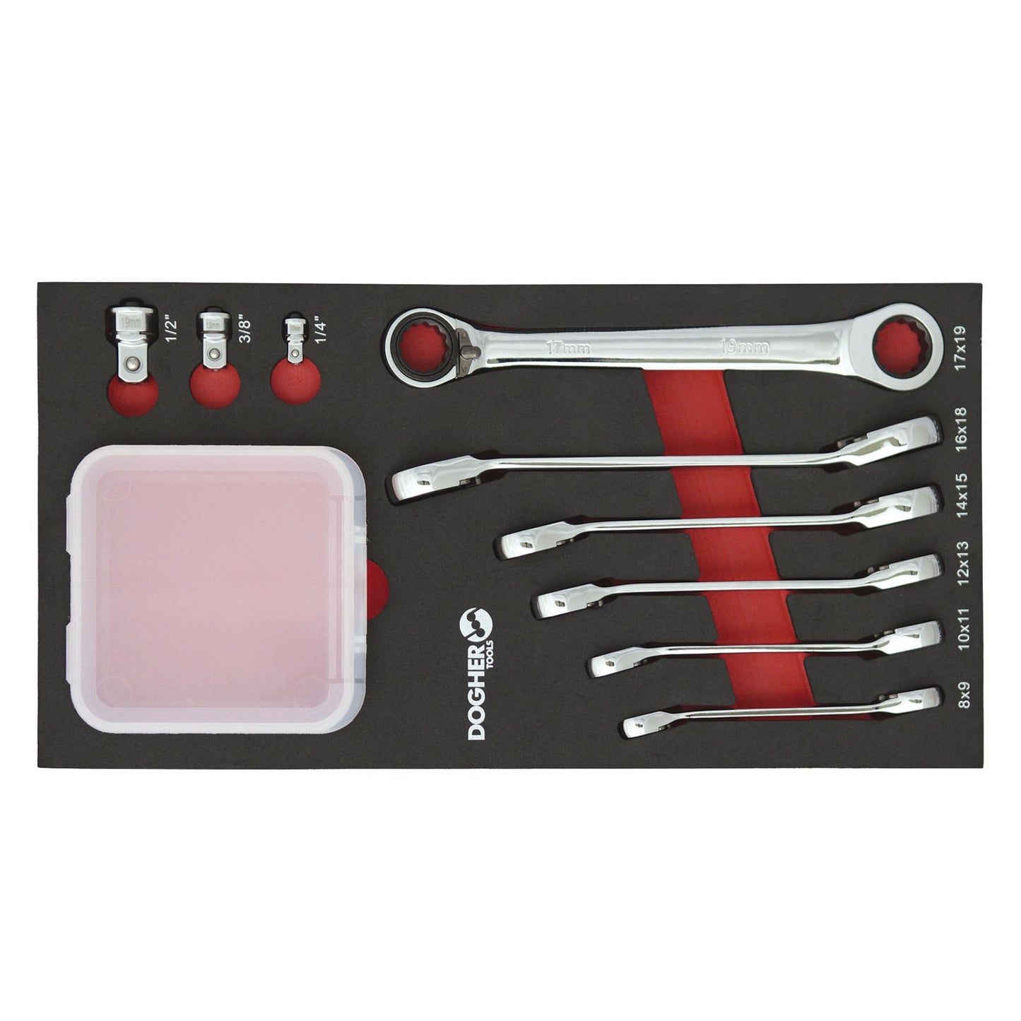 Dogher 455-080 - Bandeja Combinable 9 Llaves Carraca Reversible Acodada 15º 1/3
