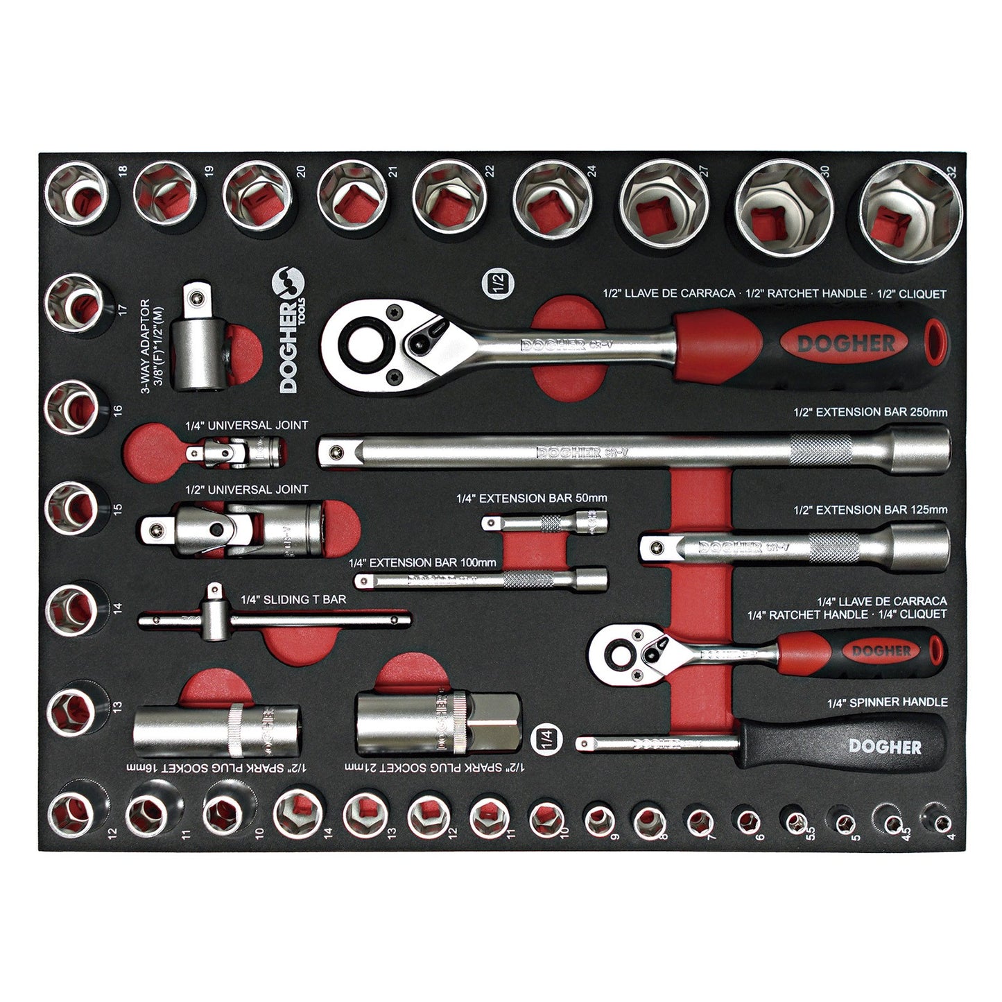 Dogher 500-080 - Bandeja Combinable1/2 43 Ud. Vasos Hexagonales 1/4" - 1/2"