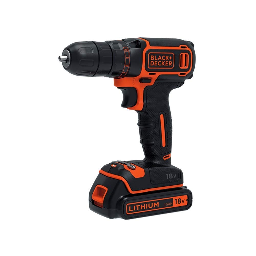 BLACK+DECKER Taladro Atornillador 18V, Par máximo 30Nm, Portabrocas 10mm, 2 Batería Litio 1.5Ah, Luz LED, Incluye Cargador 400mA y Maletín - BDCDC18KB-QW