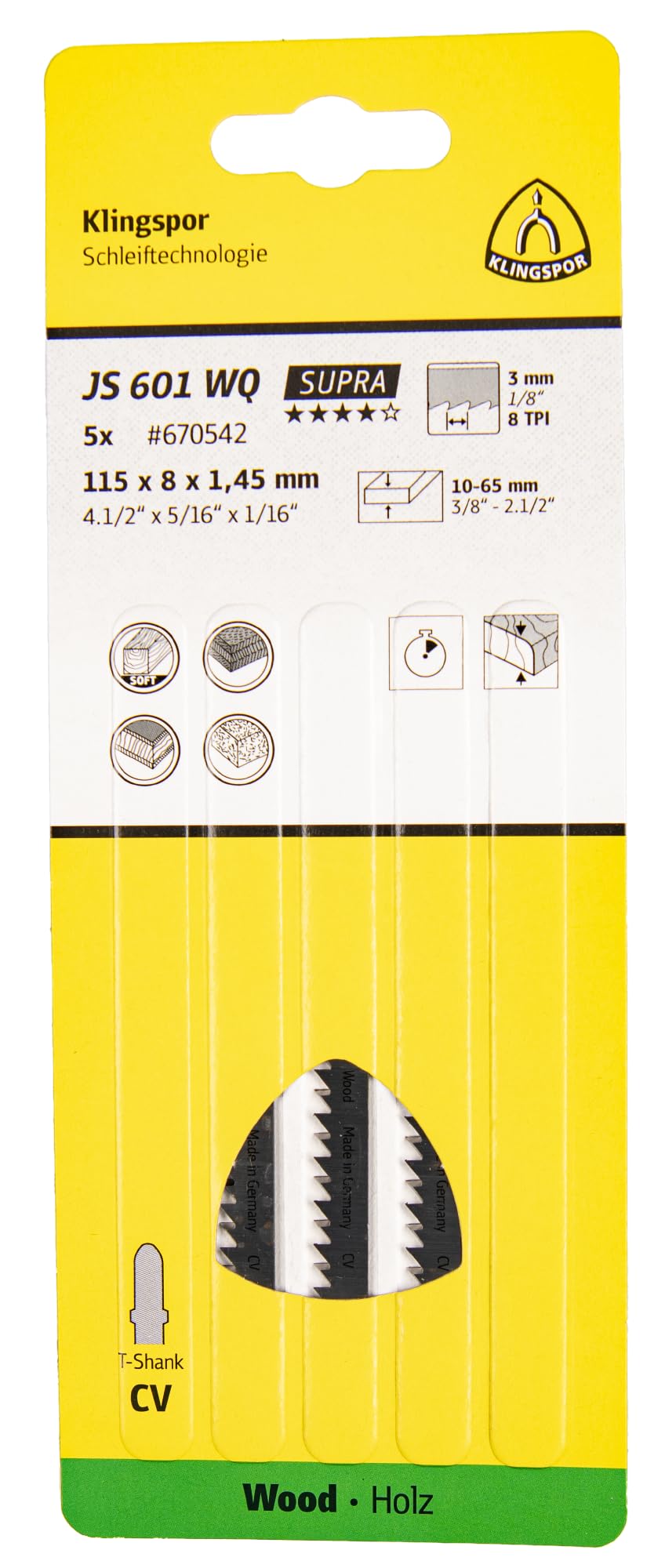Klingspor 670542 - Hoja de sierra de calar JS 601 WQ, 115 x 8 x 1,45 mm, para madera (Lote de 5 uds)