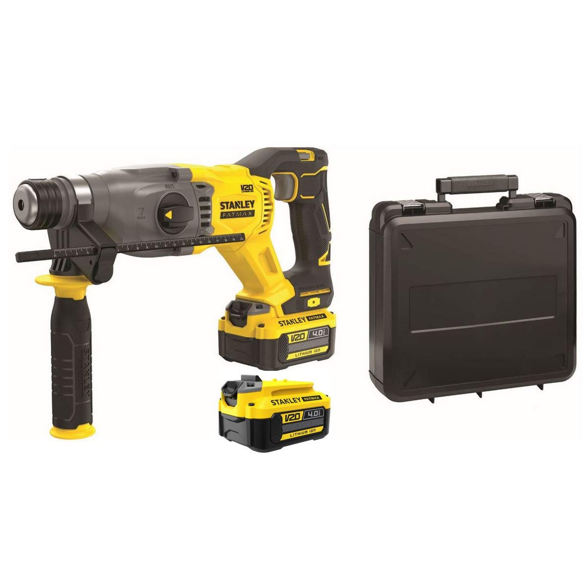 STANLEY FATMAX Martillo SDS-Plus V20 18V, Motor Sin Escobillas, 2J Impacto, 3 Modos (rotativo, percutor y cincelador), Incluye: 2 Baterías 4.0Ah, Cargador, Maletín PRO-STACK, SFMCH900M22-QW
