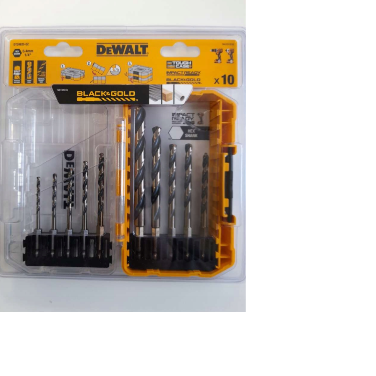 DeWalt DT20620-QZ, Surtido de brocas para metal HSS-G, 10 piezas, Hexágono interior y acabado de óxido dorado, Resistente a impacto, Uso en atornilladores de impacto y de broca, en estuche pequeño