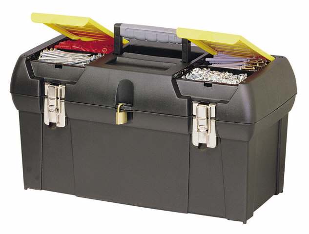 STANLEY Caja de Herramientas Milenium, Resistente Polipropileno, Bandeja Extraíble, Organizadores en Tapa, Cierres Metálicos, Asa Bimaterial, dimensiones en cm 41,1 x 19,9 x 18,5, 1-92-065