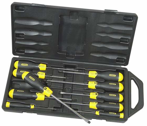 STANLEY Juego de Destornilladores, 10 Piezas, Punta Plana y Pozidriv, Mango Ergonómico, Estuche de Plástico Resistente, Amarillo y Negro, 2-65-014