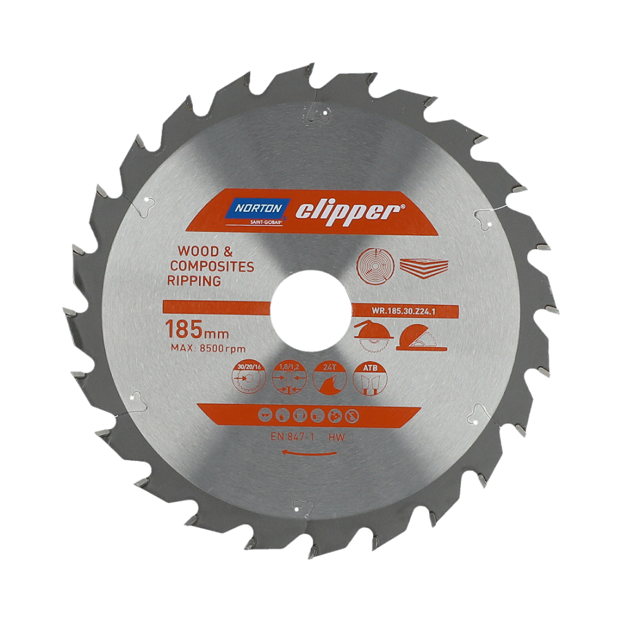 Norton 70184608051 - Disco de sierra circular para madera y materiales compuestos, dentado ATB, Z24, 185 x 30 mm, espesor 1,8/1,2 mm