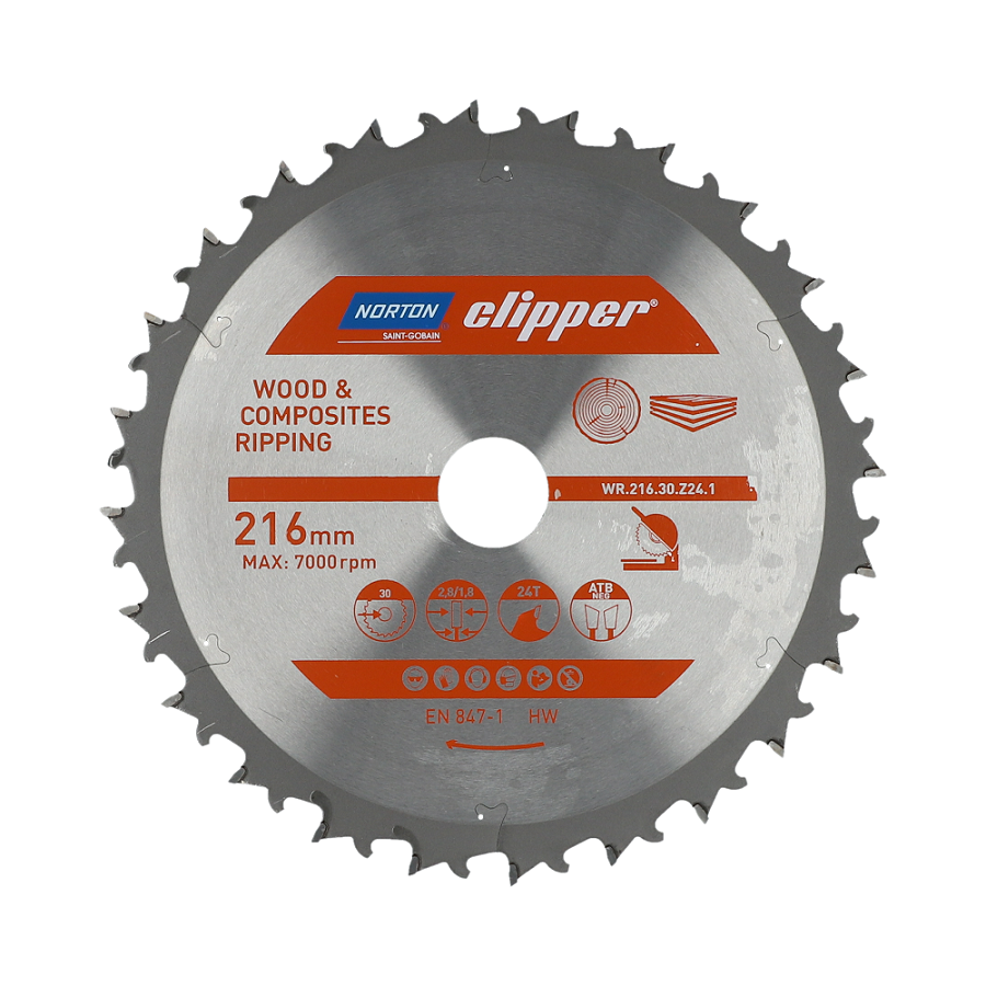 Norton 70184608056 - Disco de sierra circular para madera y compuestos, ATB negativo, 216 x 30 mm, Z24, espesor 2,8/1,8 mm