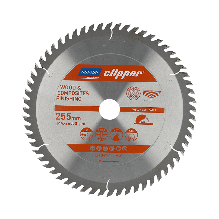 Norton 70184608110 - Disco de sierra circular para madera y materiales compuestos, 250 x 30 mm, Z60, ATB, 3,2/2,2 mm, para sierra de mesa