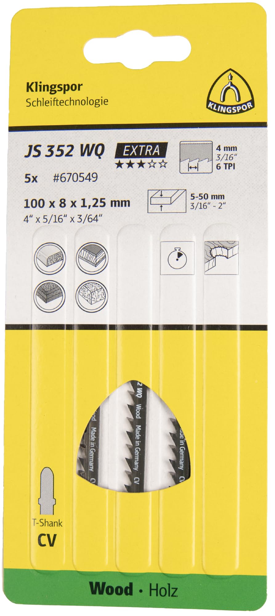 Klingspor 670549 - Hoja de sierra de calar JS 352 WQ para madera, 100 x 8 x 1,25 mm, 6 dientes por pulgada (Lote de 5 uds)