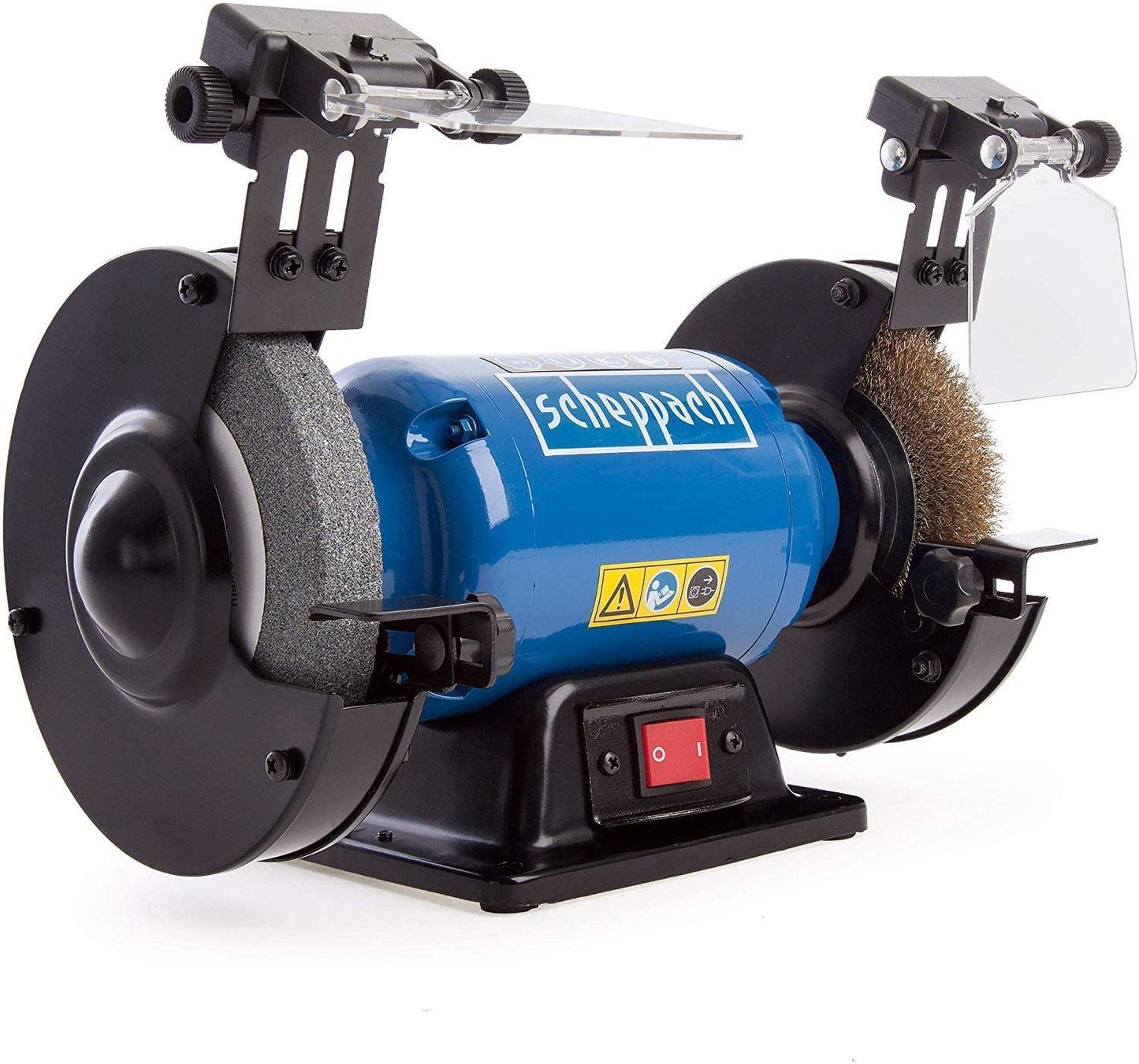 Scheppach 5903108901 - Esmeriladora de banco SM150LB, 400 W, Muela y cepillo de 150 mm, Lámparas LED