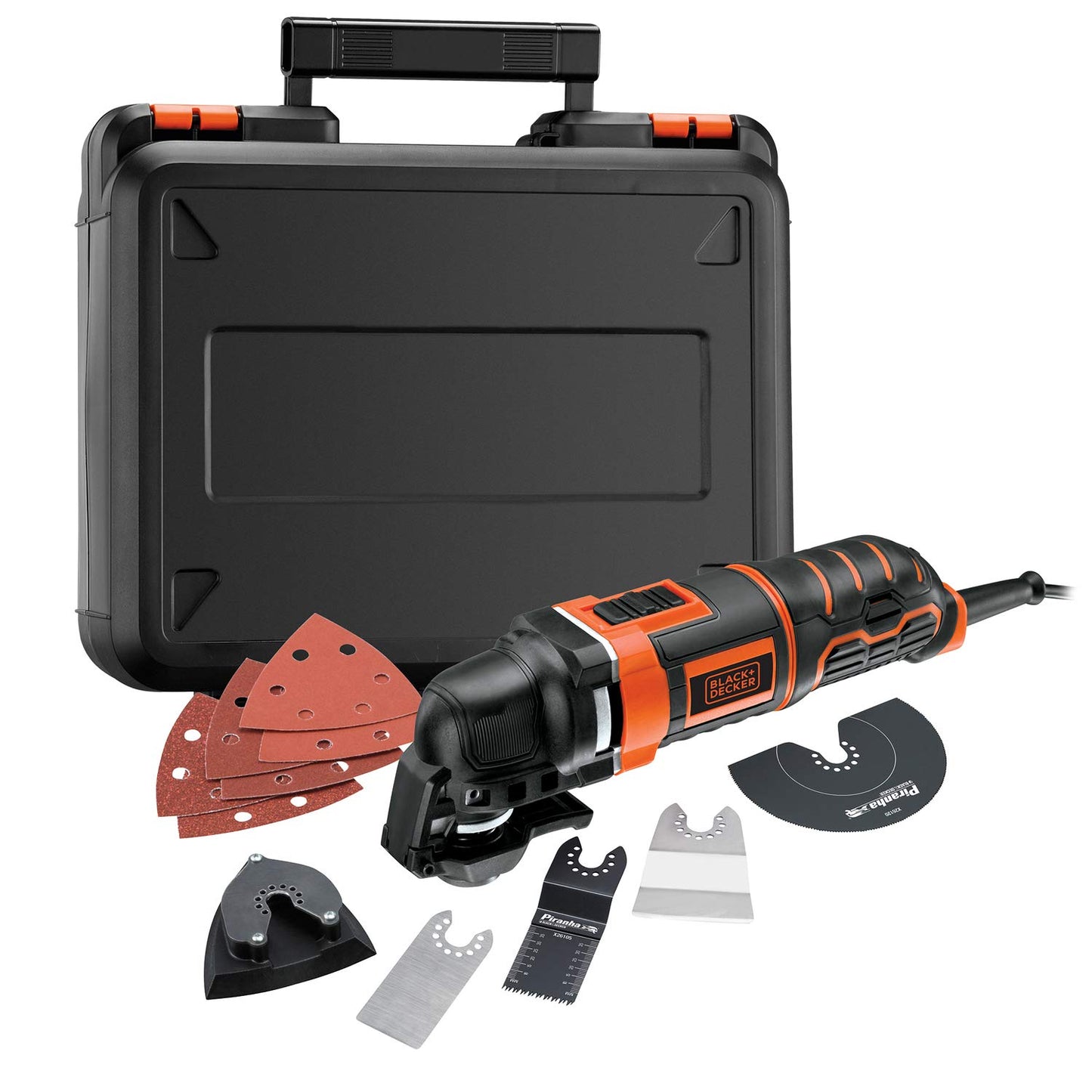 BLACK+DECKER Multiherramienta Oscilante 300 W con 5 Acoplamientos, 6 Hojas de Lija y Maletín, Negro/Naranja, 230 V, MT300KA-QS