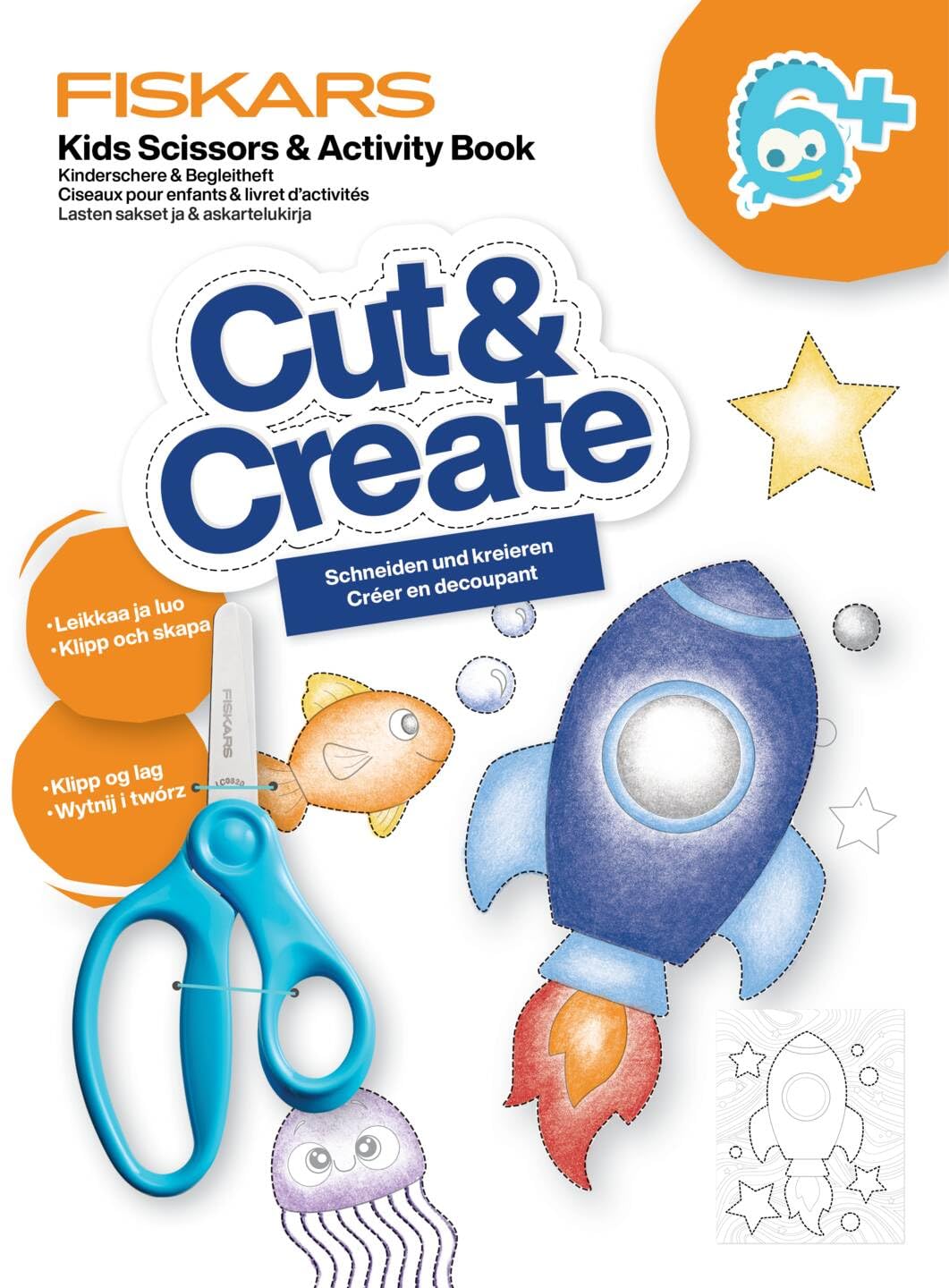Fiskars Tijeras Infantiles y Libro de Manualidades con Consejos y Trucos, A partir de 6 años, Para diestros, Acero inoxidable/plástico, Azul, 1077664