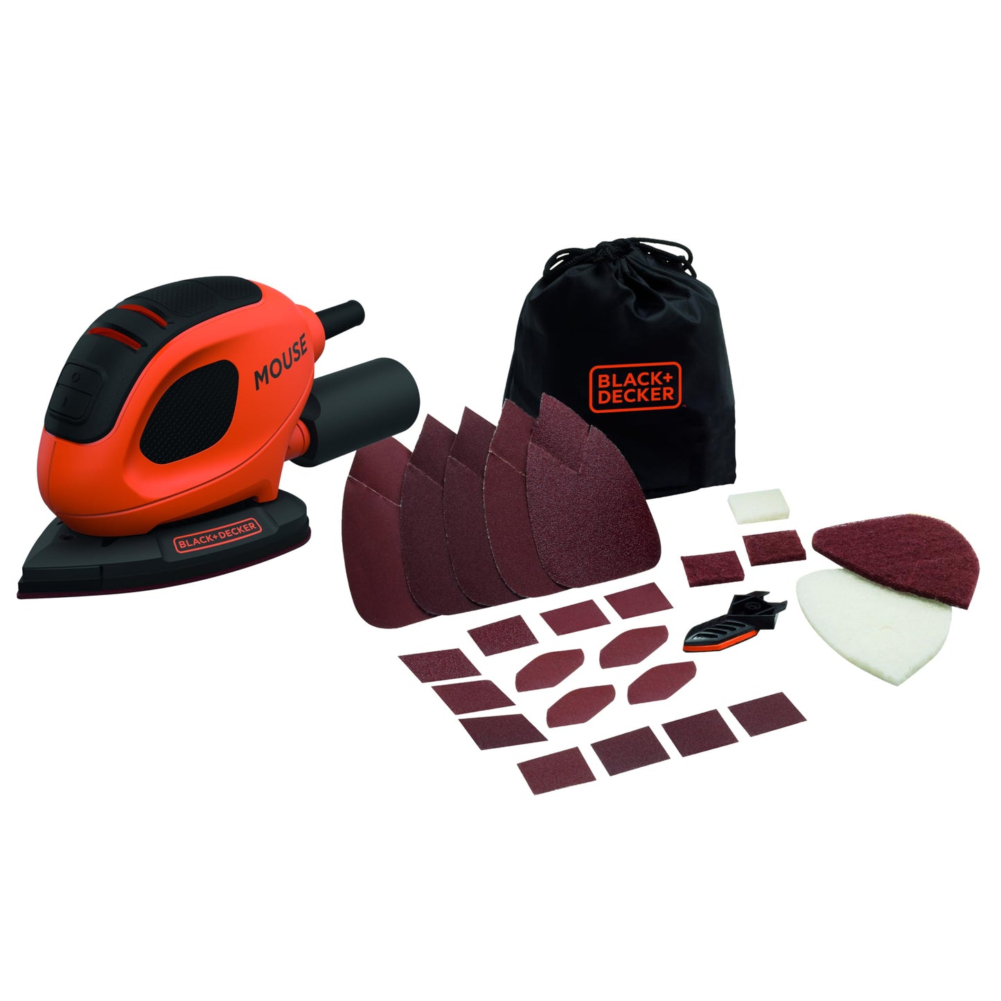BLACK+DECKER Lijadora de Detalle Mouse 55 W, Velocidad de 11.000 RPM, Diámetro Orbita 1.5 mm, Fijación de Papel de Lija con Velcro, Incluye 15 Accesorios y Bolsa de Transporte, BEW230BC-QS