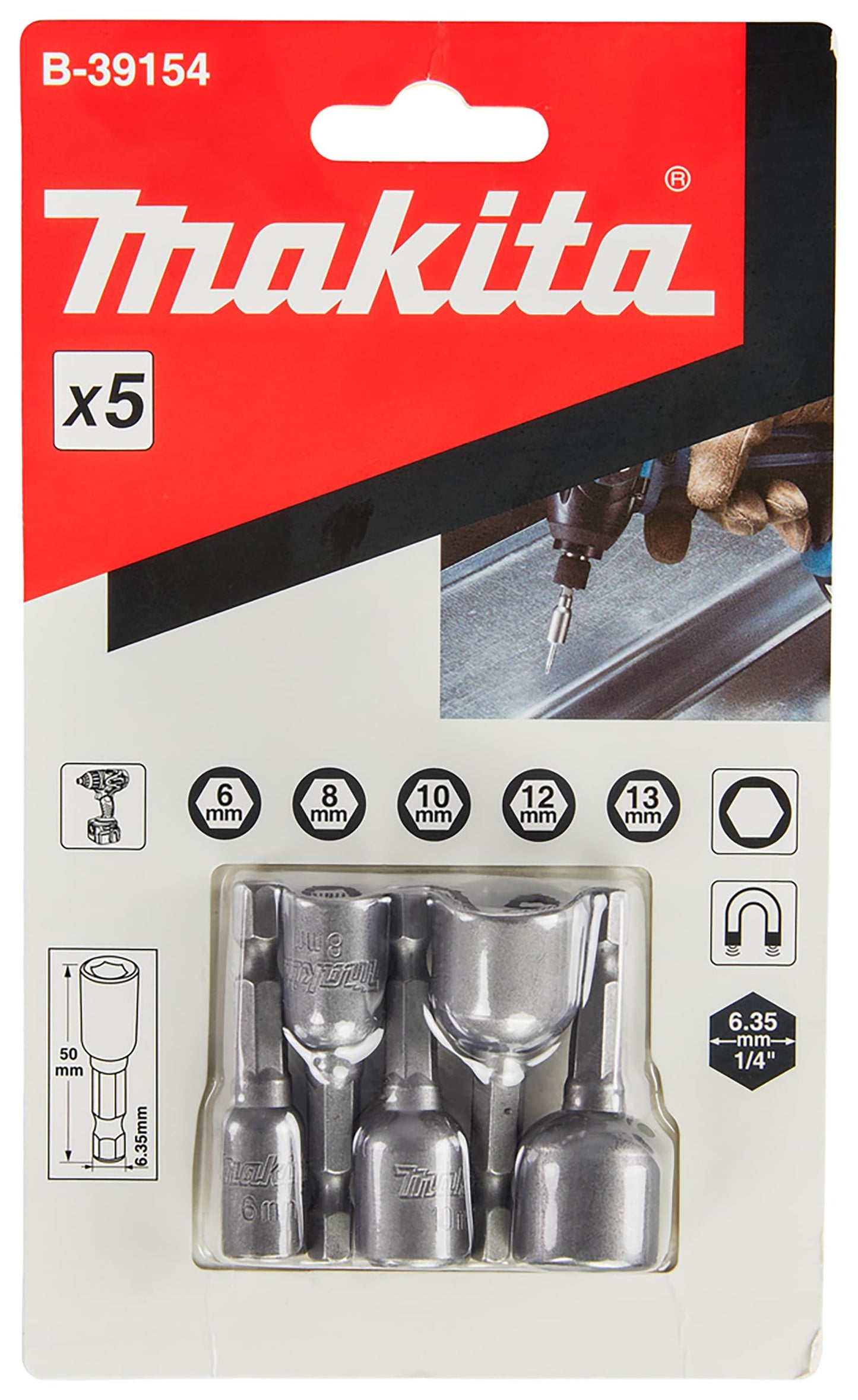Makita B-39154 - Juego de llaves de vaso (1/4" , SW6 – SW13, magnéticas, 50 mm de largo) (Lote de 5 uds)