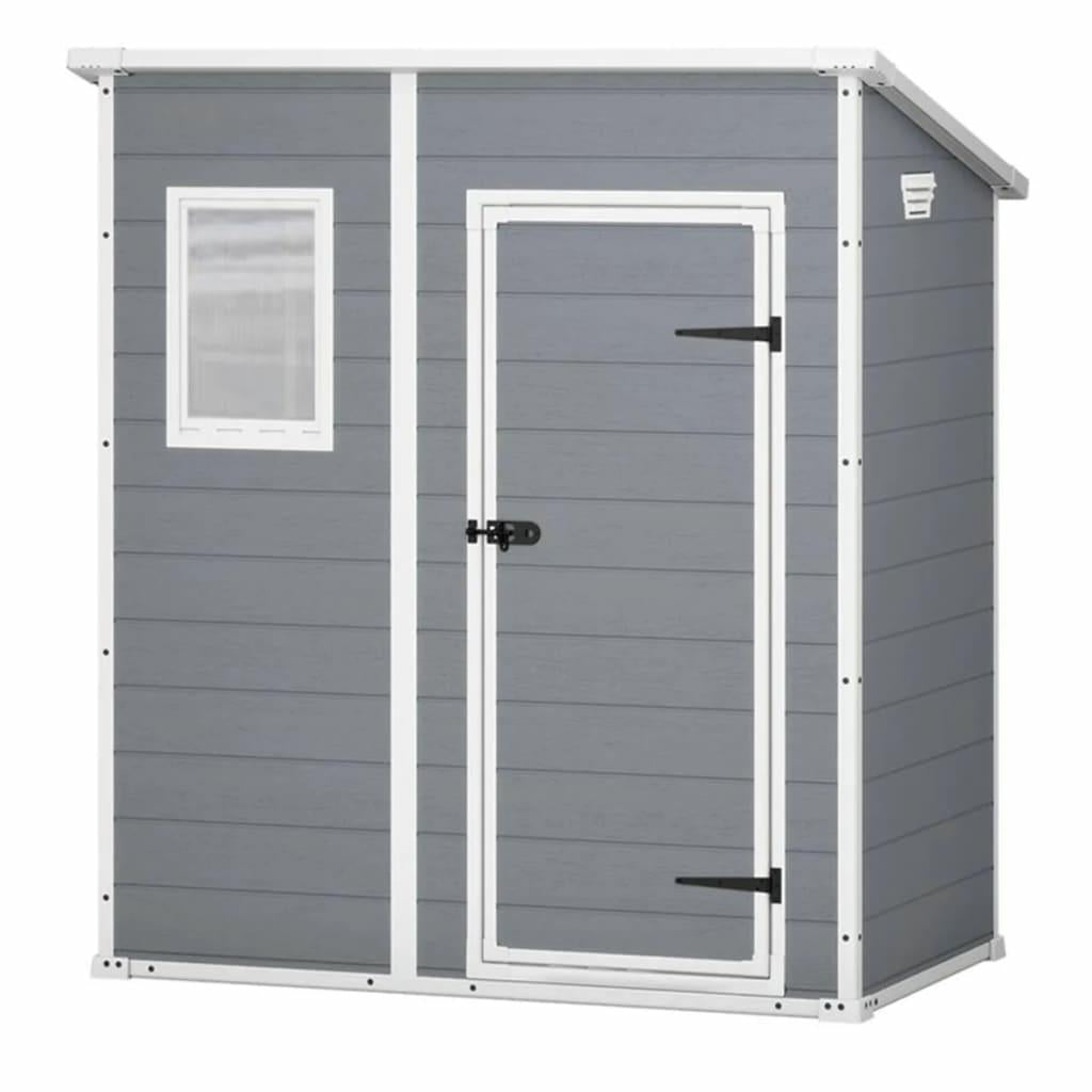 Keter Manor Pent 4X6 - Caseta de jardín, 183,5x111x200,5 cm y 1,8m2, Suelo, Sistema de ventilación, Puerta y Ventana, Resistente al Agua, Color Gris