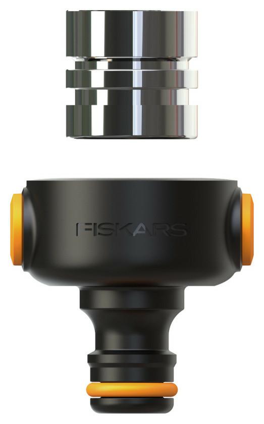 Fiskars Adaptador de grifo interior, Con cierre rápido para su retirada, Incluye rosca hembra M22 y macho M24, Fácil de instalar, Tamaño universal, 50 g, Negro/Naranja, 1027062