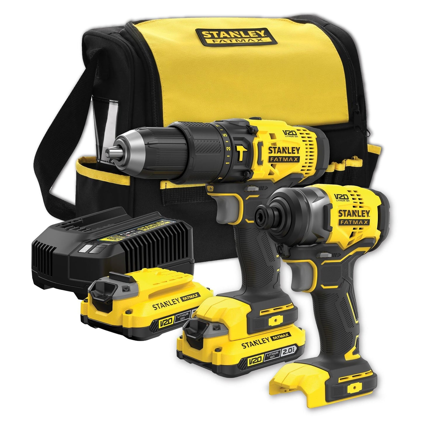 STANLEY FATMAX SFMCK465D2S-QW - Kit combinado V20 (18 V, Taladro Percutor a batería, Atornillador de Impacto a batería, 2 baterías de iones de litio de 2,0 Ah, 1 Cargador, Bolsa de transporte)