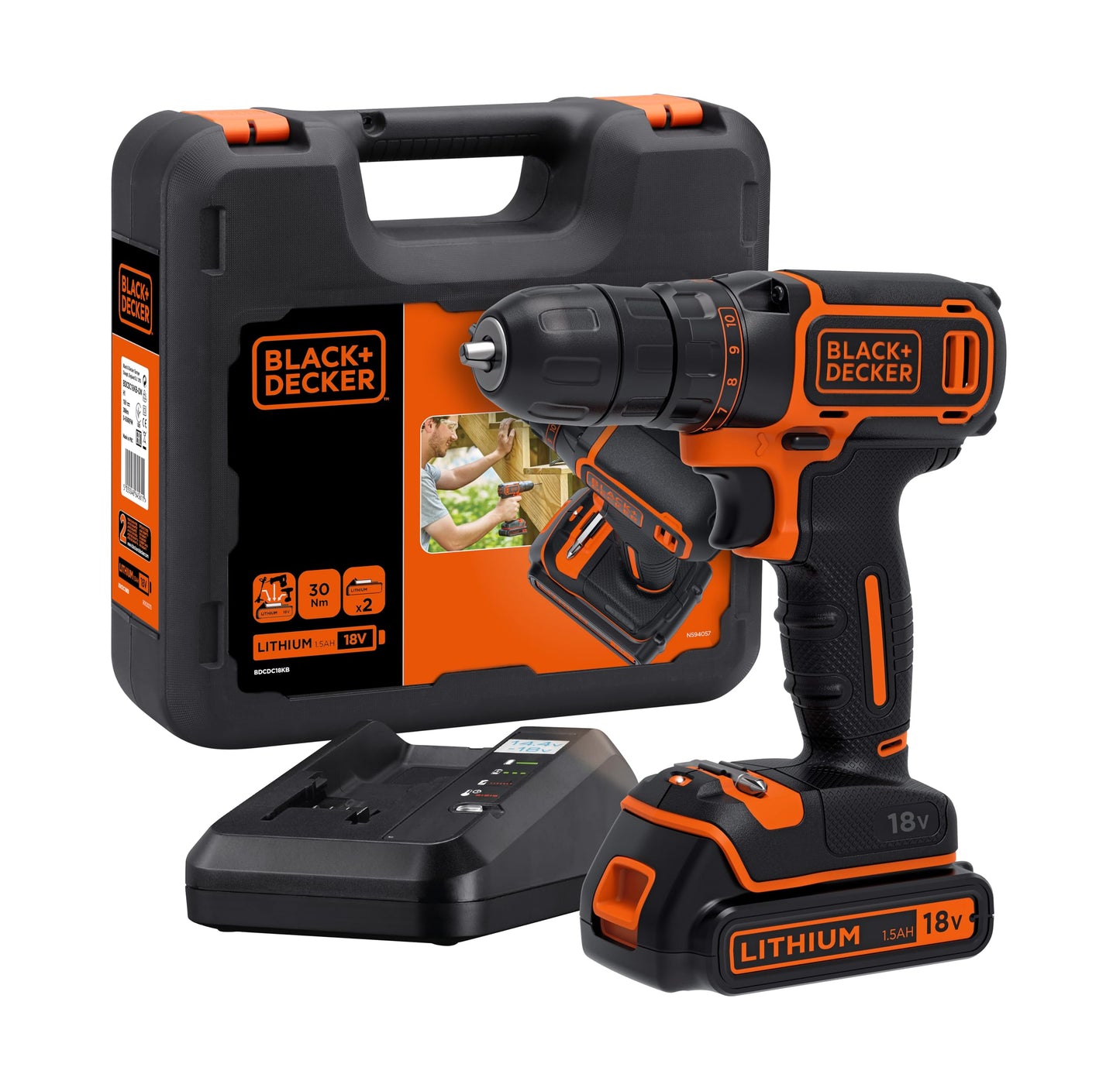 BLACK+DECKER Taladro Atornillador 18V, Par máximo 30Nm, Portabrocas 10mm, 1 Batería Litio 1.5Ah, Luz LED, Incluye Cargador 400mA y Maletín - BDCDC18K-QW