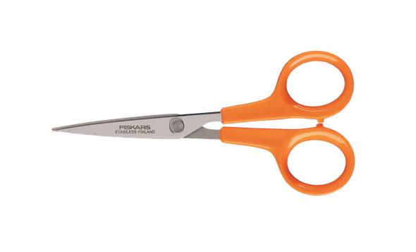 Fiskars Tijeras para trabajos manuales, Classic, Longitud: 13 cm, Para diestros y zurdos, Hoja de acero inoxidable/mangos de plástico, Naranja, 1005153