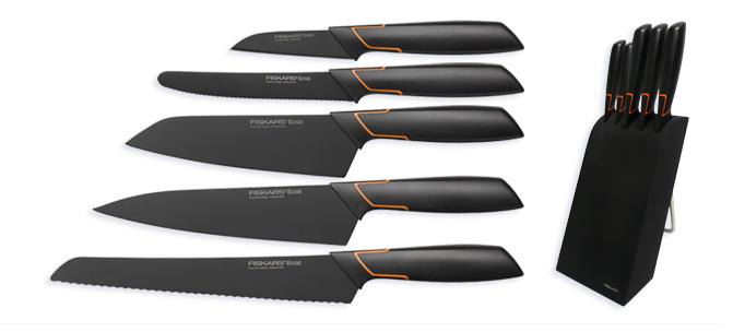 Fiskars Bloque de cuchillos con 5 cuchillos, Ancho: 15,5 cm, Alto: 37 cm, Madera de abedul, Negro, Edge, 1003099