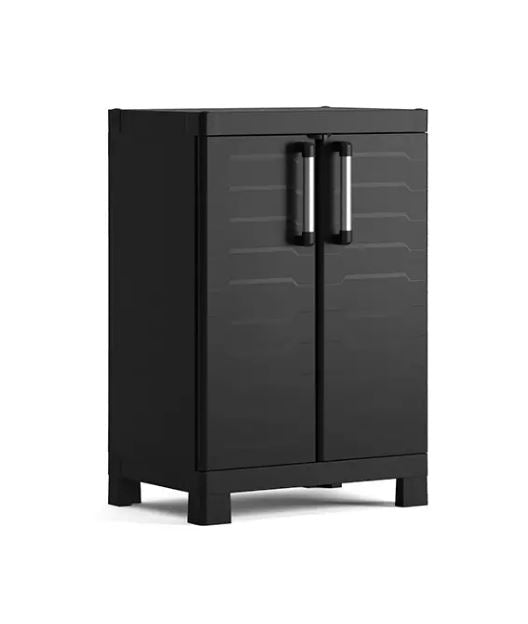 Keter Armario Detroit Bajo|Amario Bajo de almacenaje|Resina|2 Puertas y 2 baldas Regulables en Altura|Color Negro|182 x 65 x 45 cm