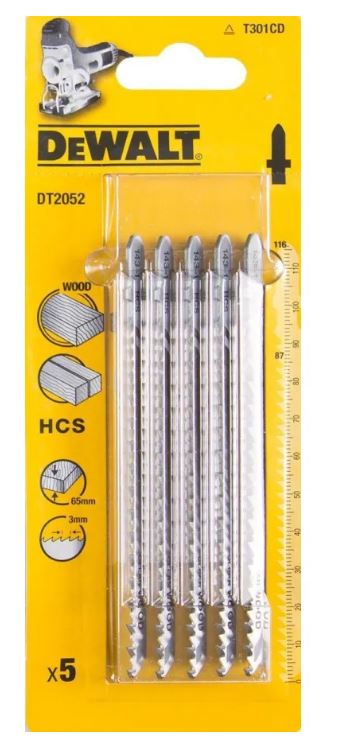 DeWalt DT2052-QZ - Hoja de sierra de calar HCS, longitud: 116mm, paso de diente: 3mm, para cortes limpios y rápidos en madera, aglomerado y fibra de madera de hasta 65mm de espesor