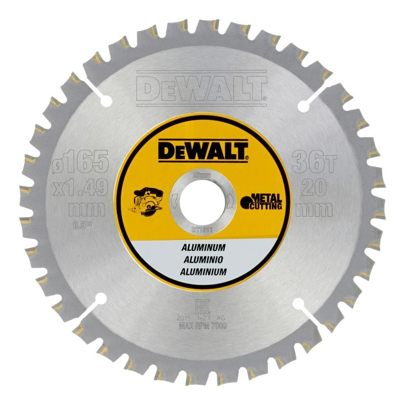 DeWalt DT1911-QZ - Hoja para sierra circular sin cabl,e 165 x 20 mm, 36D para aluminio FTG +3º