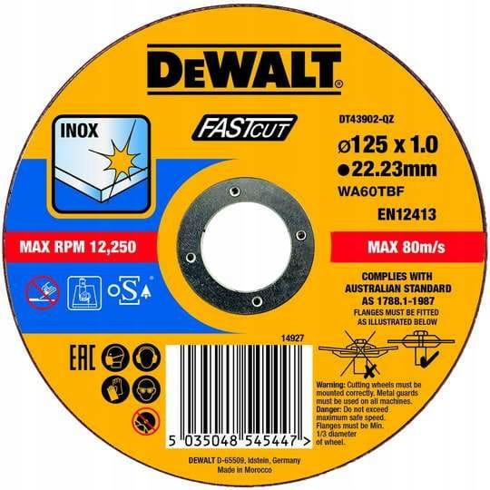 DEWALT DT43902-QZ - Disco de corte plano INOX con grano profesional de óxido de aluminio Fast Cut 125 x 1 x 22.23mm