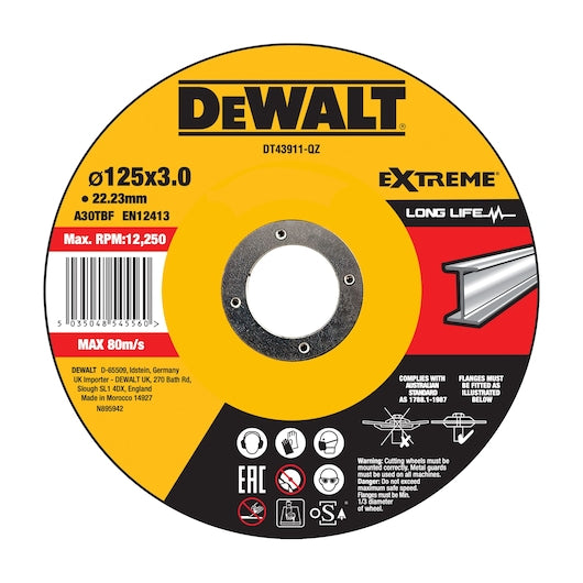 DEWALT DT43911-QZ - Disco de corte concavo para metal con grano profesional de óxido de alumínio 125 x 2.8 x 22.23 mm