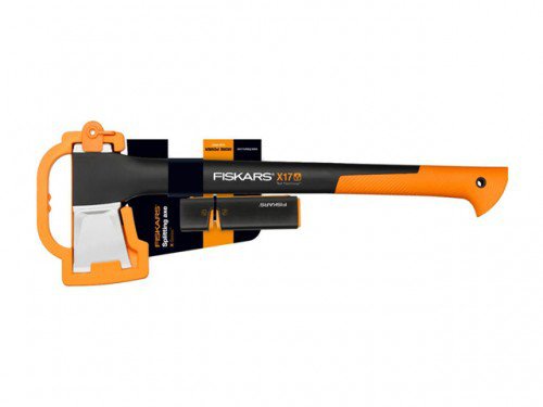 Fiskars Set de hachas, Hacha de rajar con protección de transporte, Longitud: 60 cm, Revestimiento antiadherente, X17-M, 1,53 kg; Afilador de hachas y cuchillos: cabezal de cerámica, Xsharp, 1020182